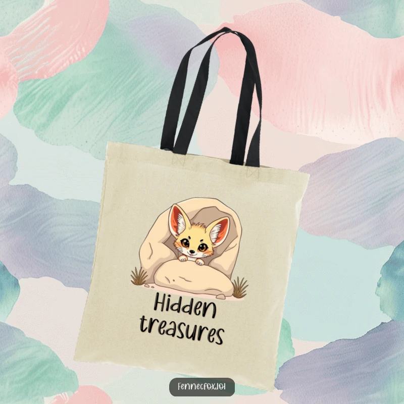 Funny Fennec Fox Tote Bag: A fennec fox humorously peeks from behind a rock, symbolizing a funny, delightful discovery.