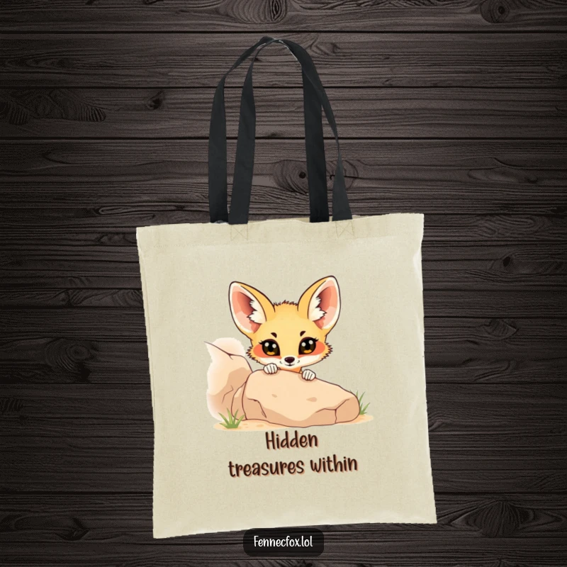 Funny fennec fox with wide, curious eyes peeking from behind a desert rock, on a tote bag for a humorous carry-all.
