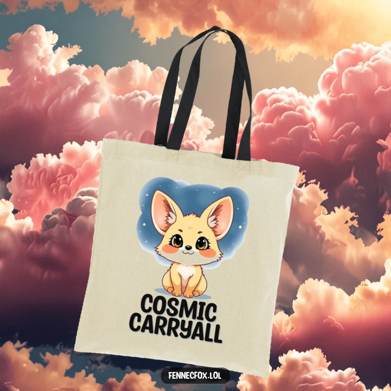 Funny Fennec Fox Tote Bag: A stylish and durable tote featuring a fennec fox enchanted by a starry night sky, great for daily use.