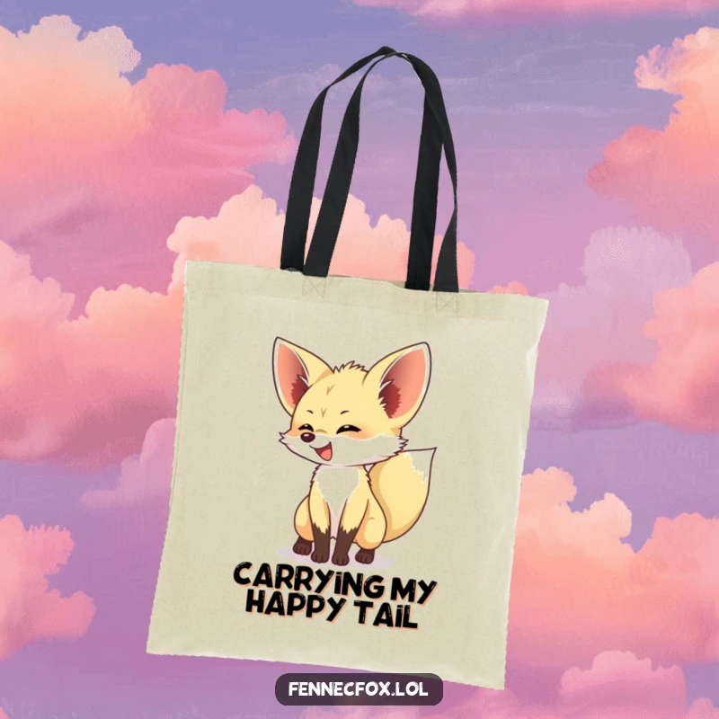 Funny Fennec Fox Tote Bag depicting an ecstatic fennec fox with its tail wagging energetically, ready for any adventure.