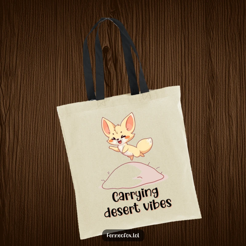 Funny Tote Bag: Fennec fox character joyfully leaping over a small dune, spacious and durable, perfect for animal lovers, funny gift.