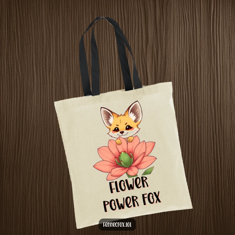 Funny fennec fox tote bag featuring a cute character peeking over an oversized desert flower, highlighting an adventurous and cheerful spirit.