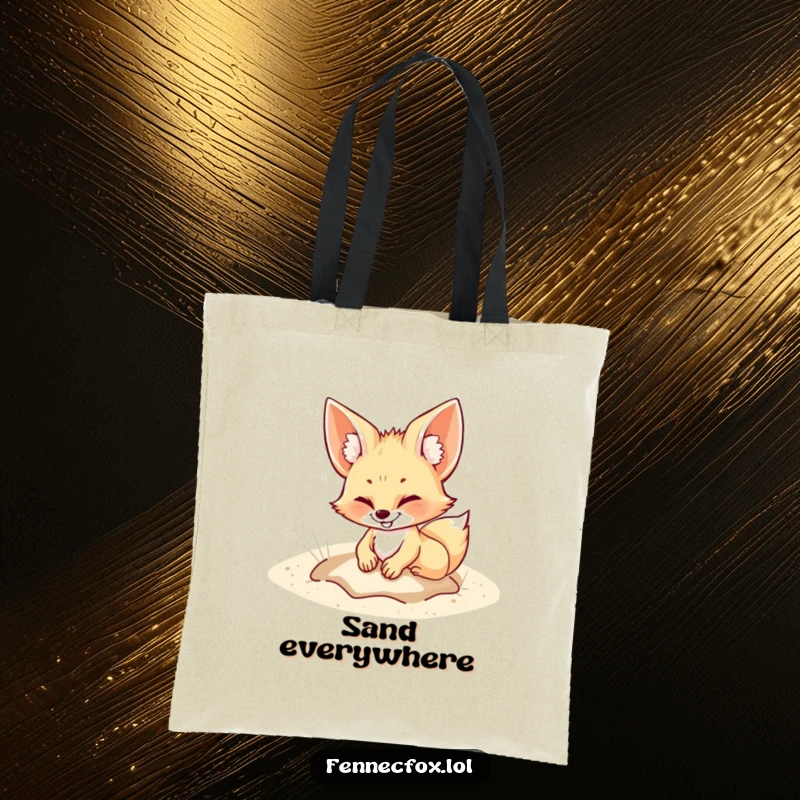 Funny Tote Bag featuring a fennec fox grinning while digging in the sand, perfect for carrying essentials with a playful touch.