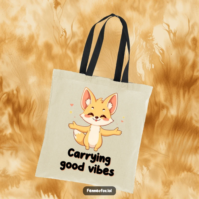 Funny fennec fox tote bag, showing the character with arms open, embracing a gentle breeze, large ears prominent, perfect for daily use.