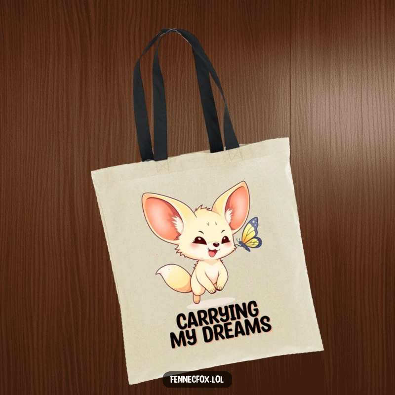 Funny kawaii fennec fox tote bag with a joyful fennec fox chasing a butterfly, bringing adorable charm to your errands.