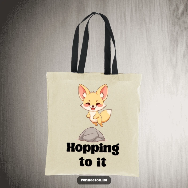 Funny fennec fox tote bag with a cartoon desert fox happily leaping over a small rock, perfect for everyday essentials.