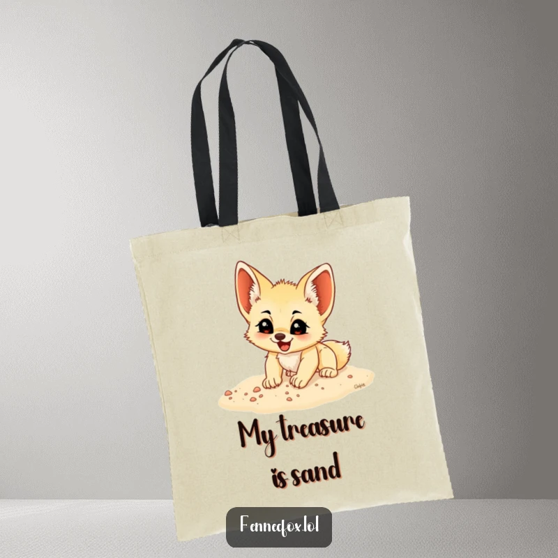 Funny fennec fox cub digging enthusiastically in sand, printed on a spacious tote bag, a perfect blend of utility and humor.